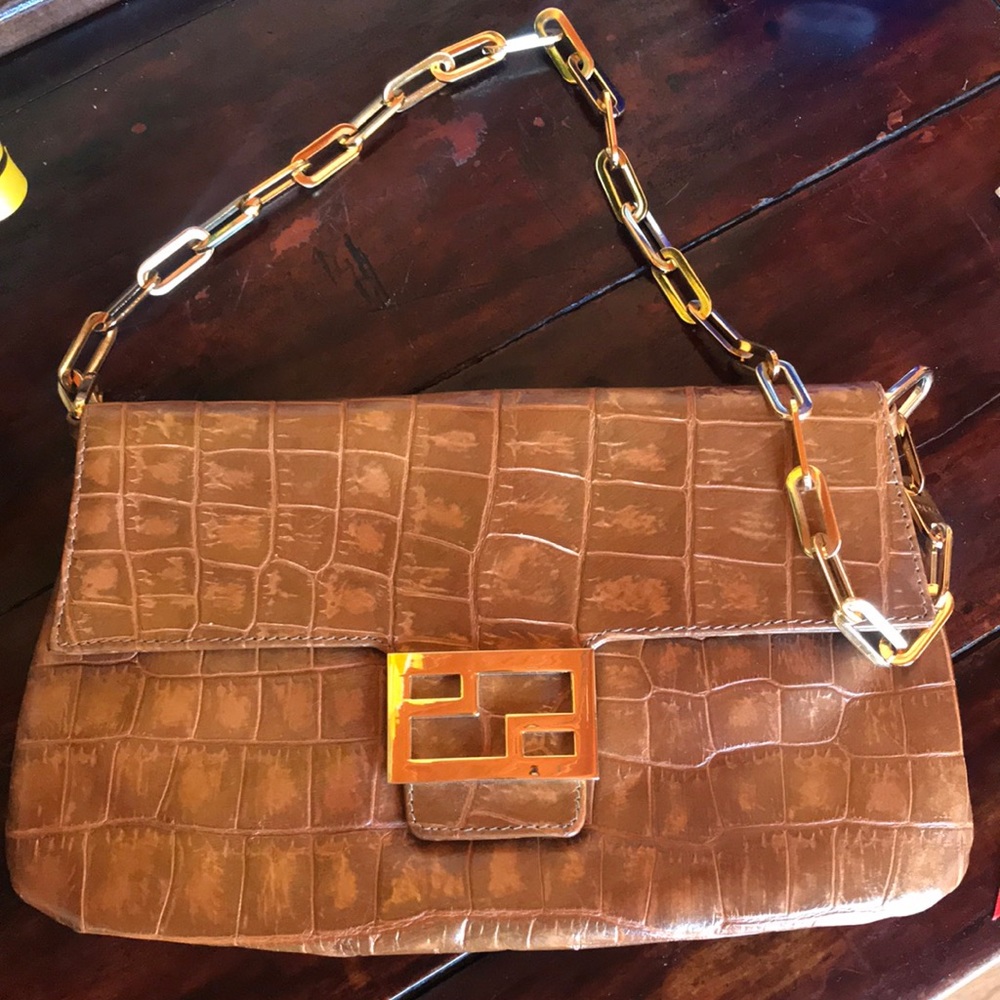 Cache Brown Croc-Embossed Shoulder Bag with Gold Chain